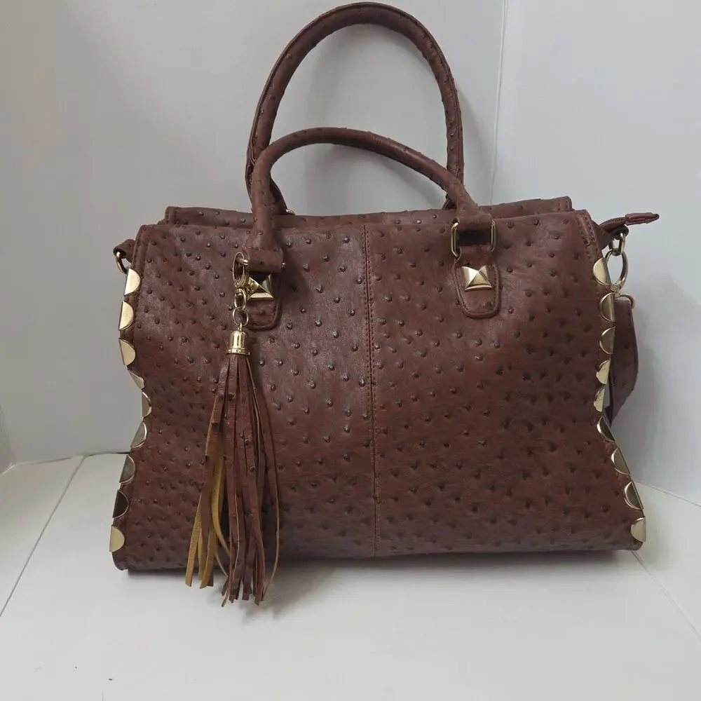 Imoshion Brown Ostrich Embossed Satchel Crossbody Large Bag Tassel Studded Purse